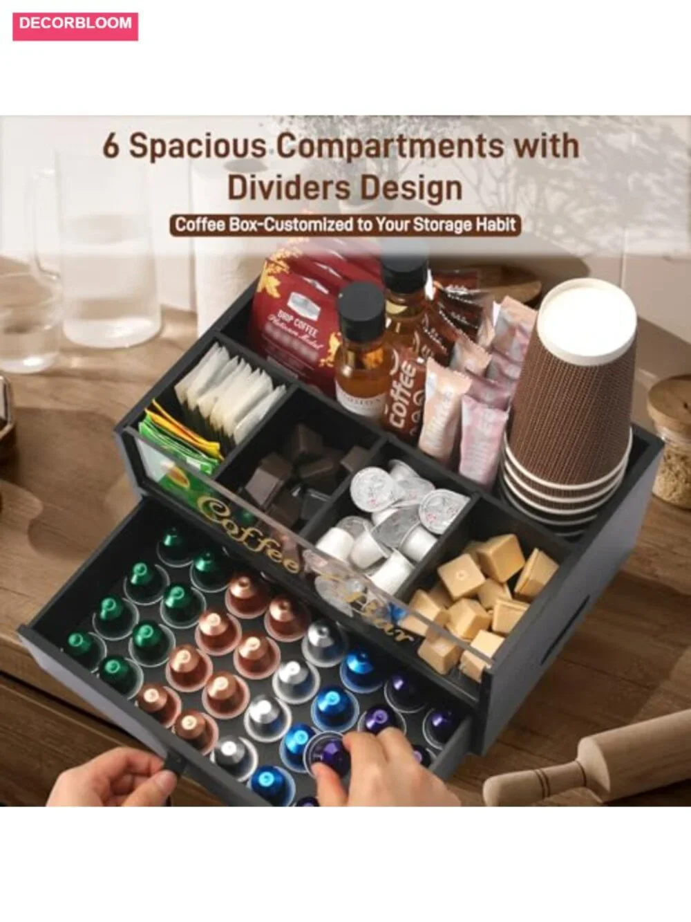 2-Tier Coffee Bar Organizer with Acrylic Top and Built-in Drawer, Solid Wood